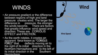 WINDS
• Air pressure gradient or the difference
between regions of high and land
pressure creates wind. The larger the
difference in pressure, the stronger
the winds become. There are factors
that greatly influence wind speed and
direction: These are CORIOLIS
EFFECT and FRICTION.
• As the earth rotates, it creates an
apparent force known as “CORIOLIS
FORCE” that deflects moving air to
the right of its initial direction in the
Northern Hemisphere and to the left of
its initial direction in the Southern
 