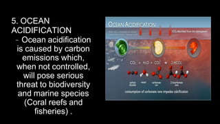 5. OCEAN
ACIDIFICATION
– Ocean acidification
is caused by carbon
emissions which,
when not controlled,
will pose serious
threat to biodiversity
and marine species
(Coral reefs and
fisheries) .
 