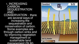 1. INCREASING
CARBON
SEQUESTRATION
AND
CONSERVATION – there
are several ways of
increasing the
sequestration and
conservation of carbon.
Some examples are
through carbon sinks and
by improving vegetation
management or
sustainable land
 
