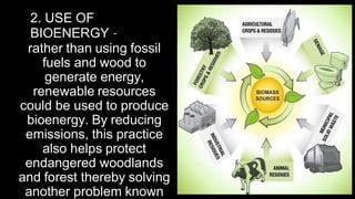 2. USE OF
BIOENERGY –
rather than using fossil
fuels and wood to
generate energy,
renewable resources
could be used to produce
bioenergy. By reducing
emissions, this practice
also helps protect
endangered woodlands
and forest thereby solving
another problem known
 