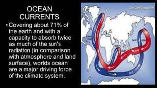 OCEAN
CURRENTS
•Covering about 71% of
the earth and with a
capacity to absorb twice
as much of the sun’s
radiation (in comparison
with atmosphere and land
surface), worlds ocean
are a major driving force
of the climate system.
 