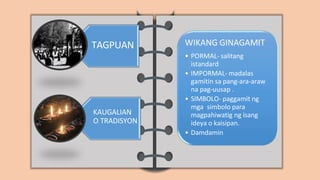 TAGPUAN
KAUGALIAN
O TRADISYON
WIKANG GINAGAMIT
• PORMAL- salitang
istandard
• IMPORMAL- madalas
gamitin sa pang-ara-araw
na pag-uusap .
• SIMBOLO- paggamit ng
mga simbolo para
magpahiwatig ng isang
ideya o kaisipan.
• Damdamin
 