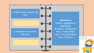 4. Mga mata’y nawalan ng
luha
5. Malungkot na lumisan
ang araw
Simbolismo
Kadena- pagkakaisa o
pagkakapiit
Bonifacio – katapangan
Rizal – kabayanihan
Juan – masang Pilipino
Krus - relihiyon
 