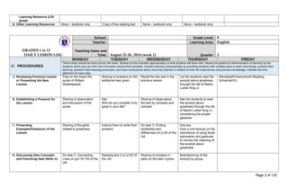 Learning Resource (LR)
portal
B. Other Learning Resources None – textbook only Copy of the reading text None – textbook only None – textbook only
GRADES 1 to 12
DAILY LESSON LOG
School: Grade Level: 9
Teacher: Learning Area: English
Teaching Dates and
Time: August 22-26, 2016 (week 1) Quarter: 2
III. PROCEDURES
MONDAY TUESDAY WEDNESDAY THURSDAY FRIDAY
These steps should be done across the week. Spread out the activities appropriately so that students will learn well. Always be guided by demonstration of learning by the
students which you can infer from formative assessment activities. Sustain learning systematically by providing students with multiple ways to learn new things, practice their
learning, question their learning processes, and draw conclusions about what they learned in relation to their life experiences and previous knowledge. Indicate the time
allotment for each step.
A. Reviewing Previous Lesson
or Presenting the New
Lesson
Post on the board the
quote of William
Shakespeare.
Sharing of answers on the
additional task given.
Recall the two text in the
previous lesson
Let the students read the
excerpt about greatness
through the life of Martin
Luther King Jr.
Remedial/Enhancement Reading
Schedule/ICL
B. Establishing a Purpose for
the Lesson
Sharing of observation
and discussion of the
quote.
Ask:
Who do you consider truly
great in your life?
Sharing of ideas about
the text by compare and
contrast.
Ask the students to read
the excerpt about
greatness through the life
of Martin Luther King Jr.
considering the proper
gestures.
C. Presenting
Examples/Instances of the
Lesson
Sharing of thoughts
related to greatness
Instruct them to write their
answers.
Do task 3: Finding
similarities and
differences on p123 of the
LM.
Discuss:
Give a mini-lecture on the
importance of using facial
expression and gestures
to convey the meaning of
the excerpt about
greatness
D. Discussing New Concepts
and Practicing New Skills #1
Do task 2. Connecting
Lives on pp119-120 of the
LM.
Reading text 2 on p122 0f
the LM.
Sharing of answers in
pairs on the task 3 given.
Brainstorming of the
excerpt by group.
Page 2 of 133
 