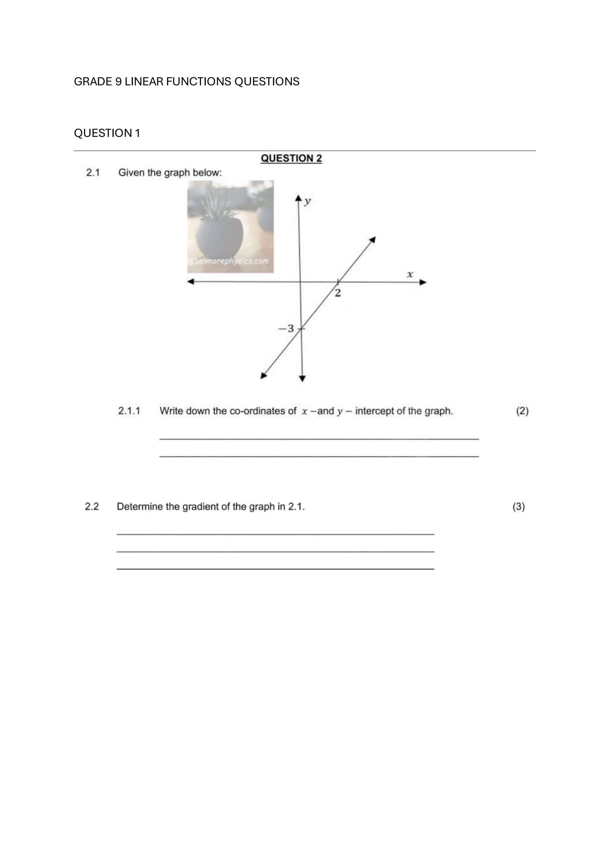 GRADE 9 LINEAR FUNCTIONS QUESTIONS
QUESTION 1