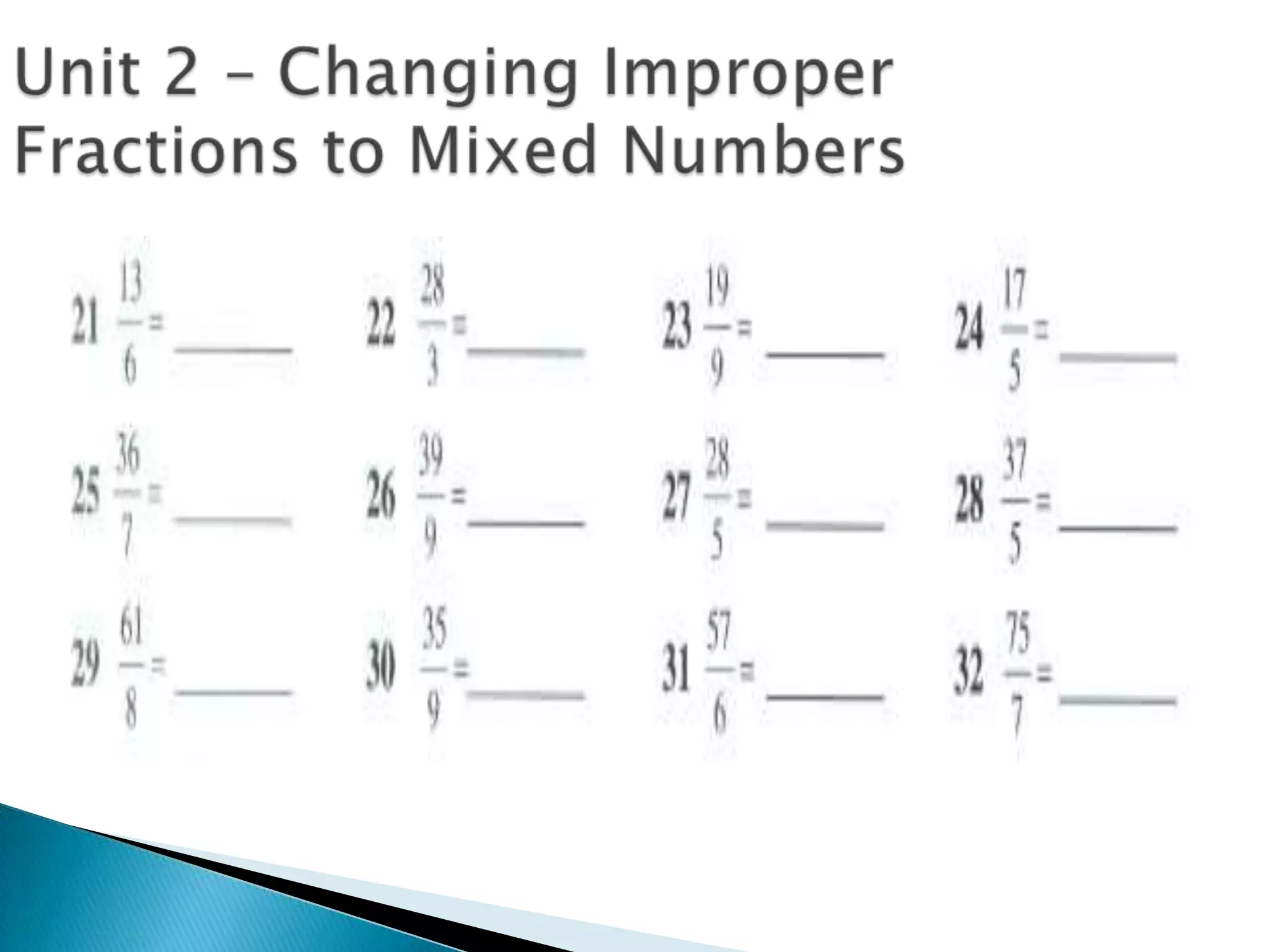 Unit 2 – Changing Improper Fractions to Mixed Numbers