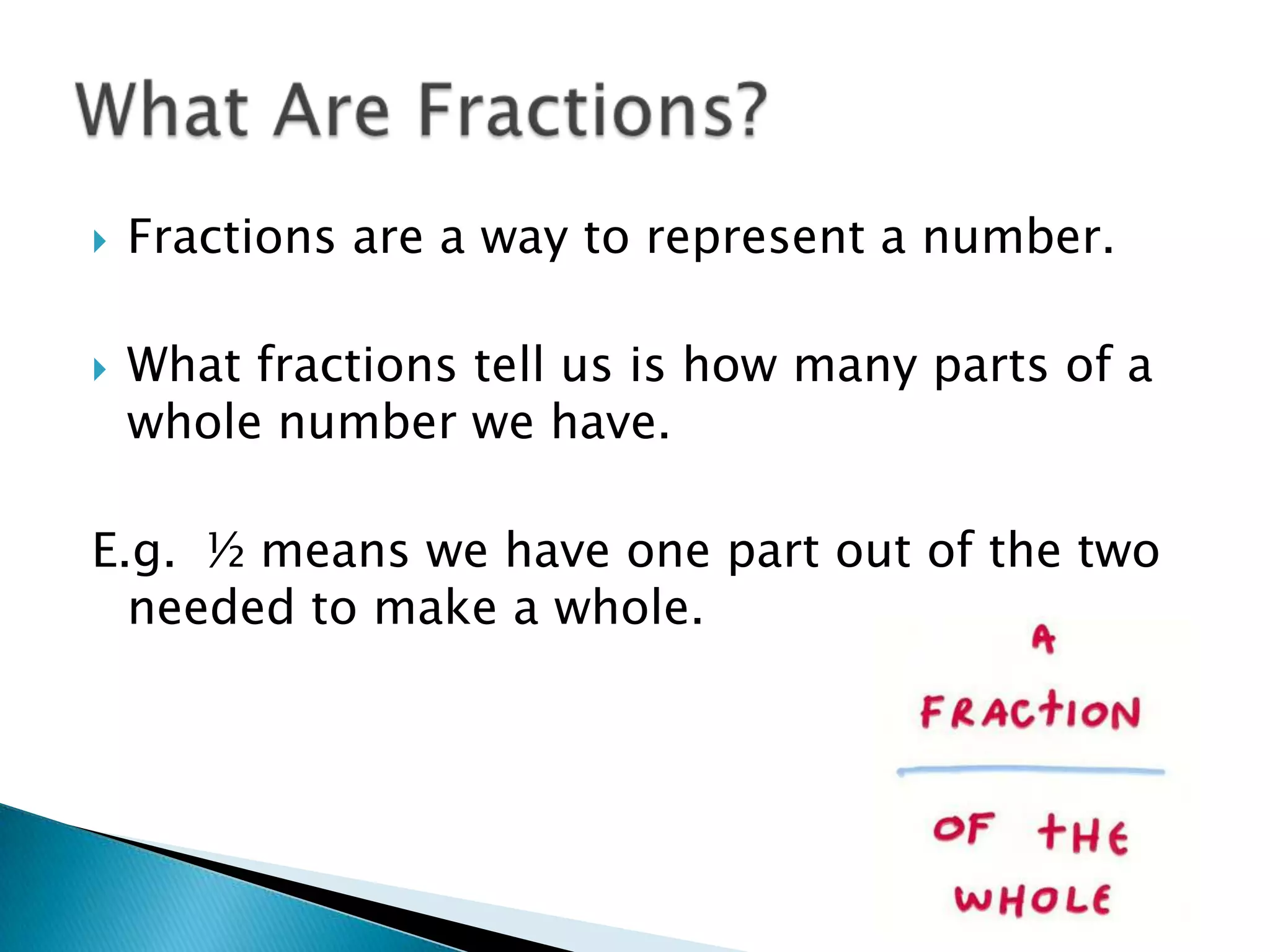 Fractions are a way to represent a number.What fractions tell us is how many parts of a whole number we have.E.g.  ½ means we have one part out of the two needed to make a whole. What Are Fractions?