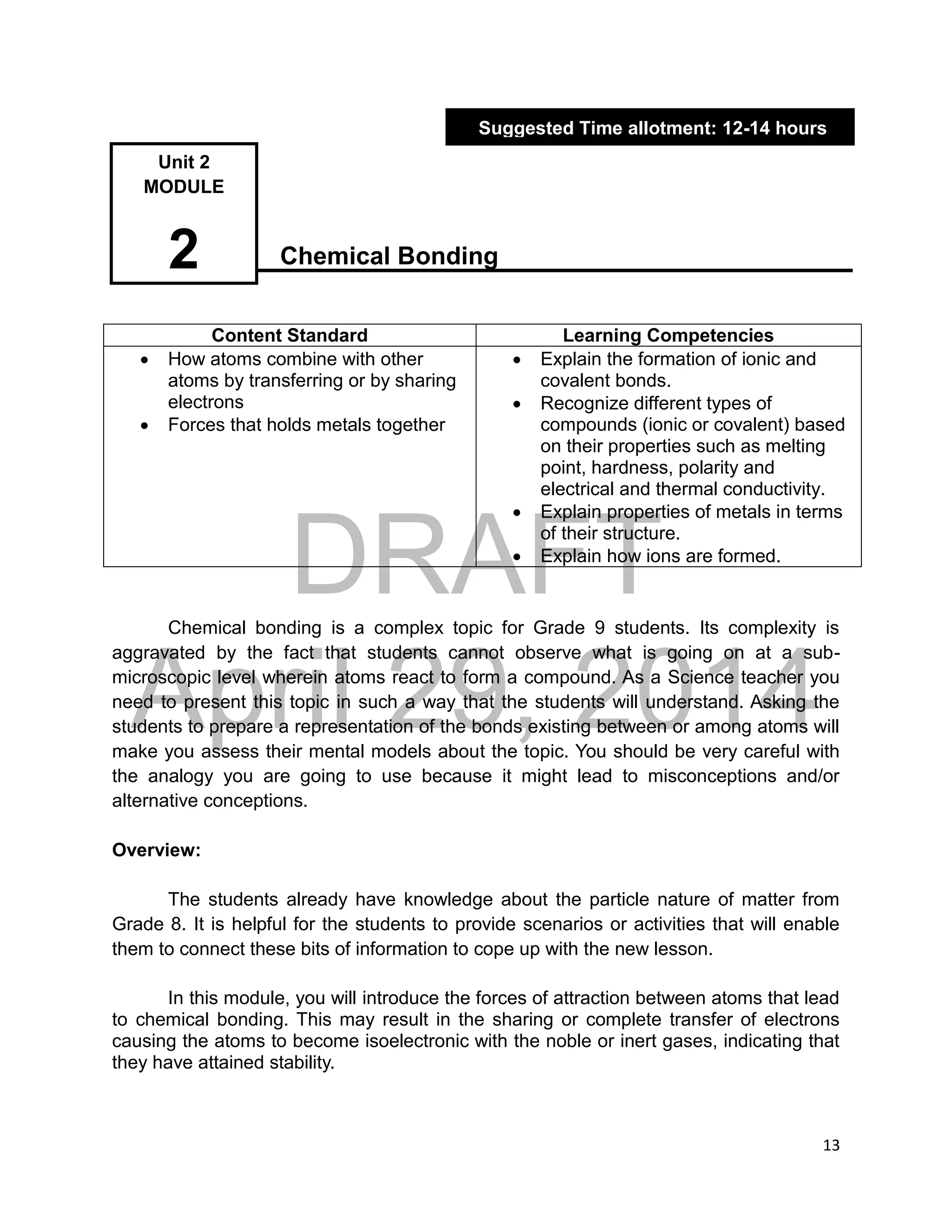 DRAFT
April 29, 2014
13
Chemical Bonding
Content Standard Learning Competencies
 How atoms combine with other
atoms by transferring or by sharing
electrons
 Forces that holds metals together
 Explain the formation of ionic and
covalent bonds.
 Recognize different types of
compounds (ionic or covalent) based
on their properties such as melting
point, hardness, polarity and
electrical and thermal conductivity.
 Explain properties of metals in terms
of their structure.
 Explain how ions are formed.
Chemical bonding is a complex topic for Grade 9 students. Its complexity is
aggravated by the fact that students cannot observe what is going on at a sub-
microscopic level wherein atoms react to form a compound. As a Science teacher you
need to present this topic in such a way that the students will understand. Asking the
students to prepare a representation of the bonds existing between or among atoms will
make you assess their mental models about the topic. You should be very careful with
the analogy you are going to use because it might lead to misconceptions and/or
alternative conceptions.
Overview:
The students already have knowledge about the particle nature of matter from
Grade 8. It is helpful for the students to provide scenarios or activities that will enable
them to connect these bits of information to cope up with the new lesson.
In this module, you will introduce the forces of attraction between atoms that lead
to chemical bonding. This may result in the sharing or complete transfer of electrons
causing the atoms to become isoelectronic with the noble or inert gases, indicating that
they have attained stability.
Suggested Time allotment: 12-14 hours
Unit 2
MODULE
2
 