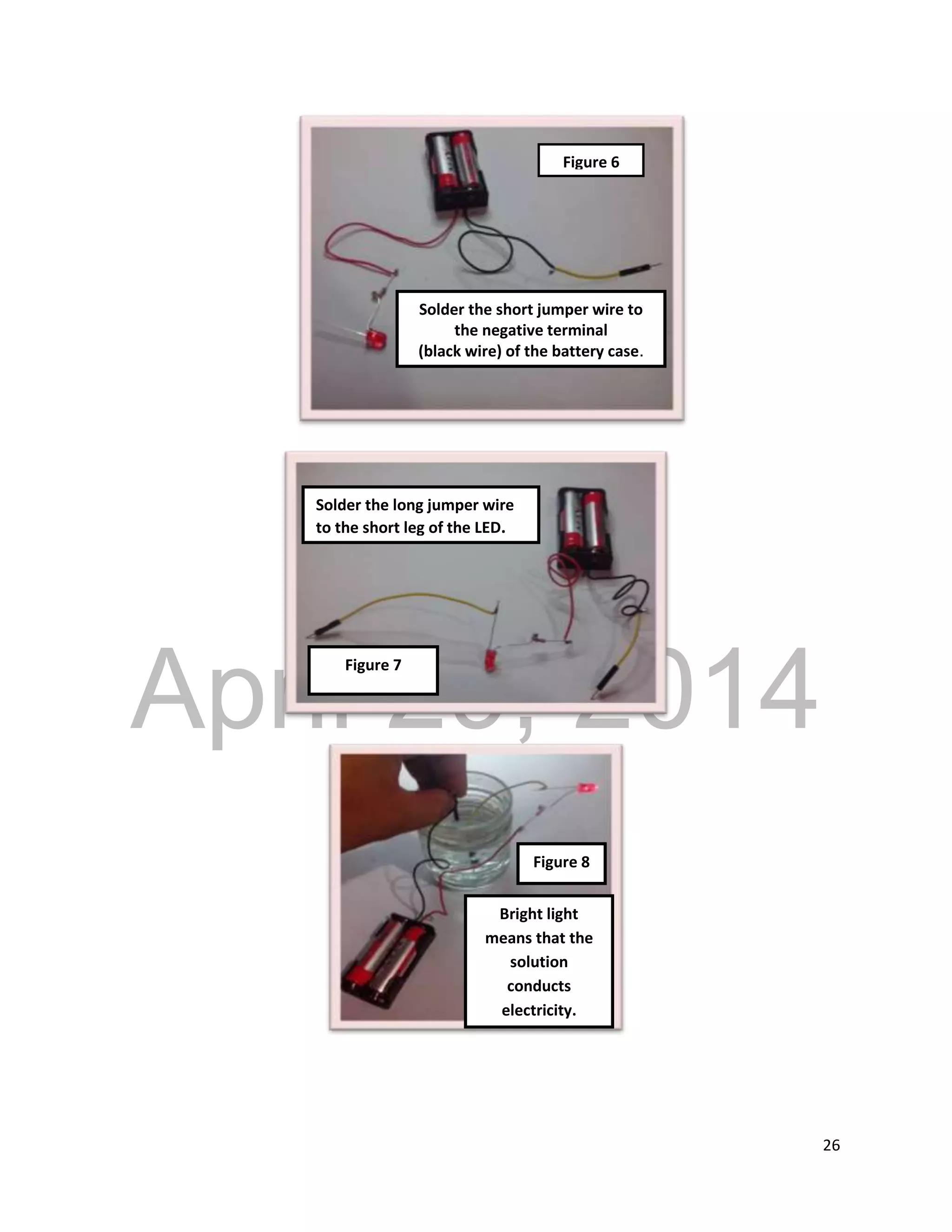 DRAFT
April 29, 2014
26
Solder the short jumper wire to
the negative terminal
(black wire) of the battery case.
Solder the long jumper wire
to the short leg of the LED.
Bright light
means that the
solution
conducts
electricity.
Figure 6
Figure 7
Figure 8
 
