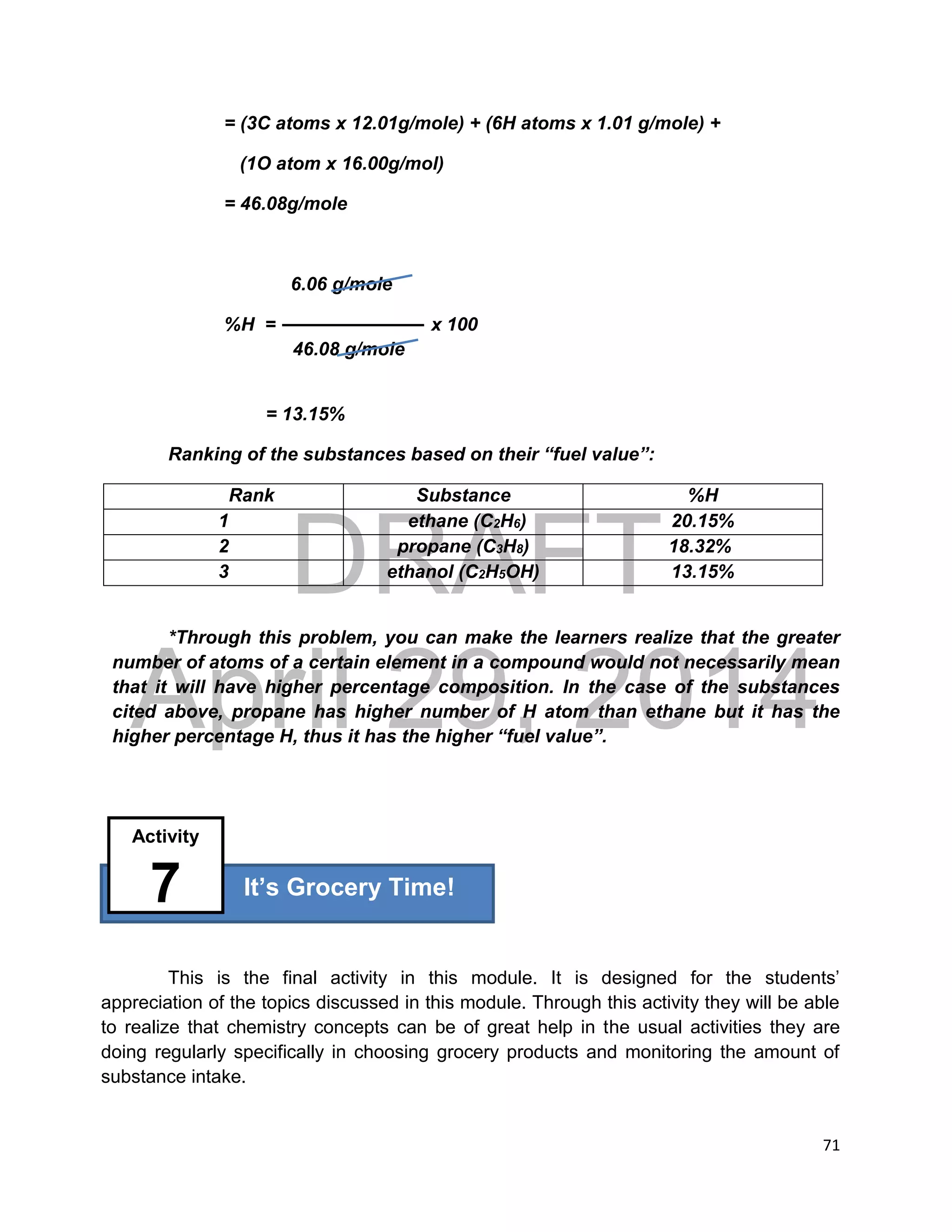 DRAFT
April 29, 2014
71
= (3C atoms x 12.01g/mole) + (6H atoms x 1.01 g/mole) +
(1O atom x 16.00g/mol)
= 46.08g/mole
6.06 g/mole
%H = x 100
46.08 g/mole
= 13.15%
Ranking of the substances based on their “fuel value”:
Rank Substance %H
1 ethane (C2H6) 20.15%
2 propane (C3H8) 18.32%
3 ethanol (C2H5OH) 13.15%
*Through this problem, you can make the learners realize that the greater
number of atoms of a certain element in a compound would not necessarily mean
that it will have higher percentage composition. In the case of the substances
cited above, propane has higher number of H atom than ethane but it has the
higher percentage H, thus it has the higher “fuel value”.
This is the final activity in this module. It is designed for the students’
appreciation of the topics discussed in this module. Through this activity they will be able
to realize that chemistry concepts can be of great help in the usual activities they are
doing regularly specifically in choosing grocery products and monitoring the amount of
substance intake.
It’s Grocery Time!
Activity
7
 