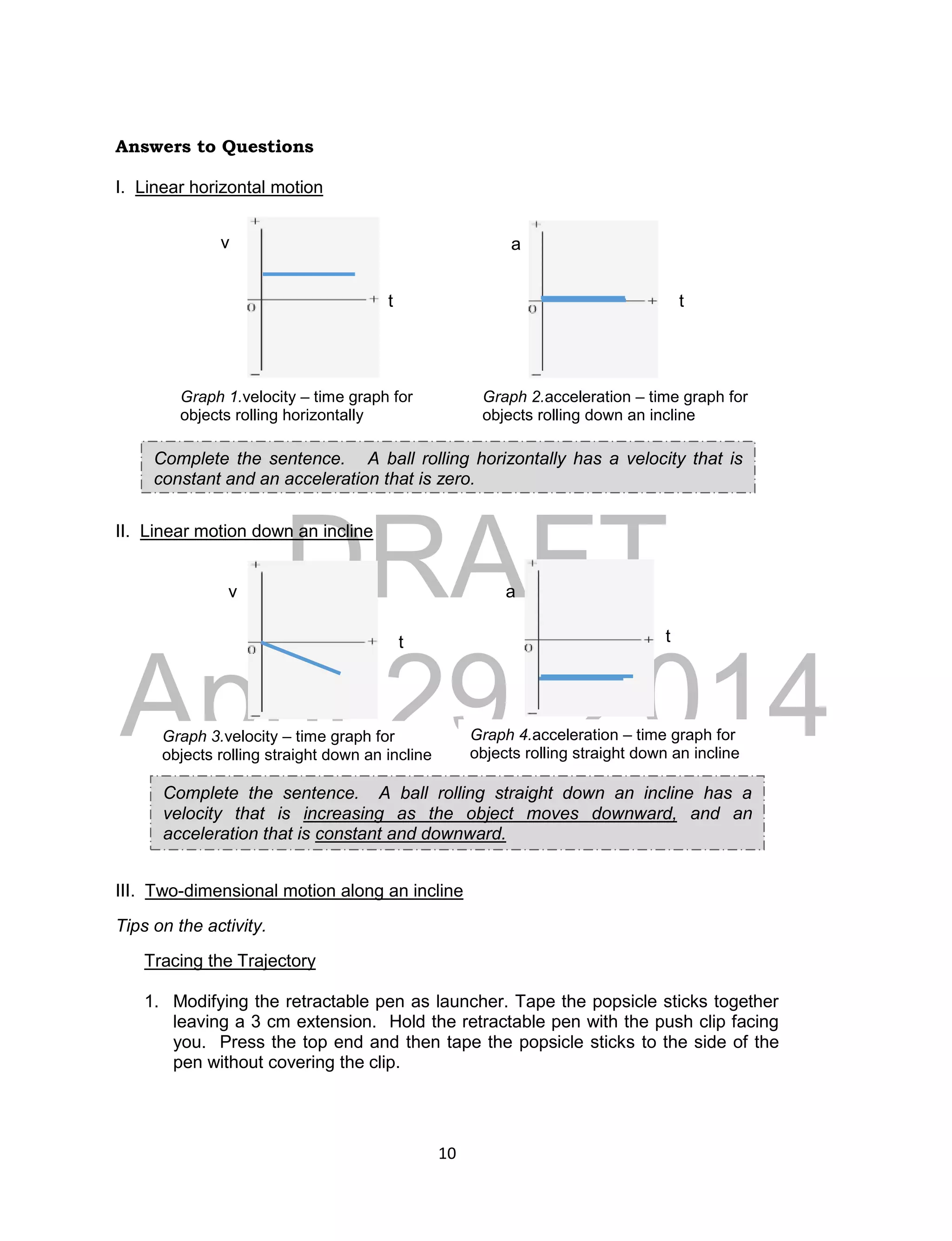 DRAFT
April 29, 2014
10
Answers to Questions
I. Linear horizontal motion
II. Linear motion down an incline
III. Two-dimensional motion along an incline
Tips on the activity.
Tracing the Trajectory
1. Modifying the retractable pen as launcher. Tape the popsicle sticks together
leaving a 3 cm extension. Hold the retractable pen with the push clip facing
you. Press the top end and then tape the popsicle sticks to the side of the
pen without covering the clip.
Graph 1.velocity – time graph for
objects rolling horizontally
Graph 2.acceleration – time graph for
objects rolling down an incline
Graph 3.velocity – time graph for
objects rolling straight down an incline
Graph 4.acceleration – time graph for
objects rolling straight down an incline
Complete the sentence. A ball rolling horizontally has a velocity that is
constant and an acceleration that is zero.
Complete the sentence. A ball rolling straight down an incline has a
velocity that is increasing as the object moves downward, and an
acceleration that is constant and downward.
v
t
a
t
a
t
v
t
 