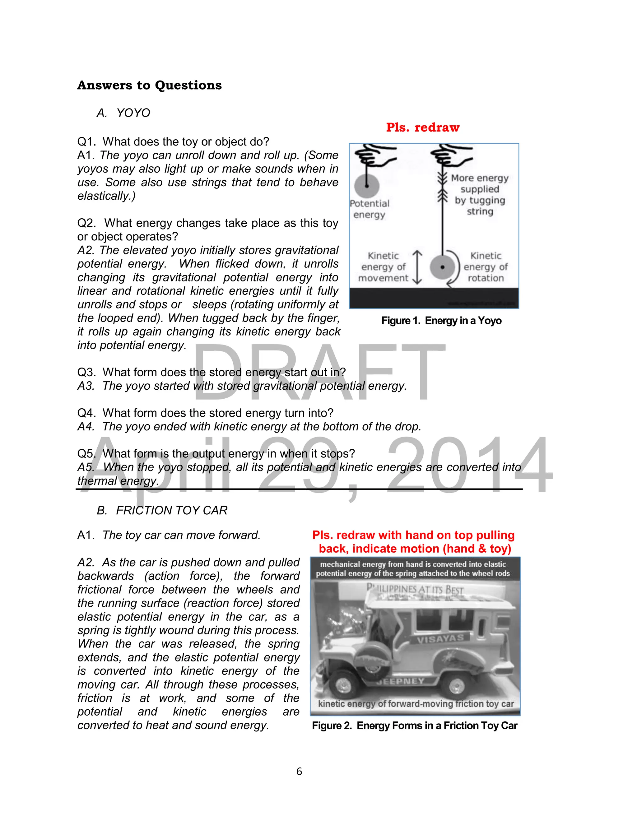 DRAFT
April 29, 2014
6
Figure 1. Energy in a Yoyo
Answers to Questions
A. YOYO
Pls. redraw
Q1. What does the toy or object do?
A1. The yoyo can unroll down and roll up. (Some
yoyos may also light up or make sounds when in
use. Some also use strings that tend to behave
elastically.)
Q2. What energy changes take place as this toy
or object operates?
A2. The elevated yoyo initially stores gravitational
potential energy. When flicked down, it unrolls
changing its gravitational potential energy into
linear and rotational kinetic energies until it fully
unrolls and stops or sleeps (rotating uniformly at
the looped end). When tugged back by the finger,
it rolls up again changing its kinetic energy back
into potential energy.
Q3. What form does the stored energy start out in?
A3. The yoyo started with stored gravitational potential energy.
Q4. What form does the stored energy turn into?
A4. The yoyo ended with kinetic energy at the bottom of the drop.
Q5. What form is the output energy in when it stops?
A5. When the yoyo stopped, all its potential and kinetic energies are converted into
thermal energy.
B. FRICTION TOY CAR
A1. The toy car can move forward. Pls. redraw with hand on top pulling
back, indicate motion (hand & toy)
A2. As the car is pushed down and pulled
backwards (action force), the forward
frictional force between the wheels and
the running surface (reaction force) stored
elastic potential energy in the car, as a
spring is tightly wound during this process.
When the car was released, the spring
extends, and the elastic potential energy
is converted into kinetic energy of the
moving car. All through these processes,
friction is at work, and some of the
potential and kinetic energies are
converted to heat and sound energy. Figure 2. Energy Forms in a Friction Toy Car
 