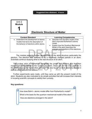 DRAFT
April 29, 2014
3
Electronic Structure of Matter
Content Standard Learning Competencies
 Understand the development of atomic
models that led to the description of
the behavior of electrons within atoms.
 Describe how the Bohr model of the
atom improved Rutherford’s atomic
model.
 Explain how the Quantum Mechanical
Model of the atom describes the
energies and positions of the electrons.
The module presents further development of the atom structure particularly the
electron. The electron was believed to be a negatively charged particle in an atom.
Scientists continue studying what is the real structure of an atom.
The nuclear atom of Rutherford comprised the proton and neutron and that their
masses are concentrated in the nucleus. For Bohr, these are not the only particles in
the atom because he found other particles. He also found out that electrons moved in
definite orbits around the nucleus.
Further experiments were made, until they came up with the present model of the
atom. Students are also motivated to do simple activities that will increase their interests
in knowing scientific concepts to satisfy their curiosity.
Key questions:
Suggested time allotment: 4 hours
Unit 2
Module
1
How does Bohr’s atomic model differ from Rutherford’s model?
What is the basis for the quantum mechanical model of the atom?
How are electrons arranged in the atom?
 