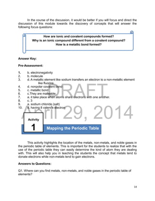 DRAFT
April 29, 2014
14
In the course of the discussion, it would be better if you will focus and direct the
discussion of this module towards the discovery of concepts that will answer the
following focus questions:
Answer Key:
Pre-Assessment:
1. b. electronegativity
2. b. molecule
3. d. A metallic element like sodium transfers an electron to a non-metallic element
like fluorine.
4. d. nonpolar covalent bond
5. c. metallic bond
6. c.They are malleable.
7. a. it take place when atoms share electrons with one another.
8. c. 3
9. a. sodium chloride (salt)
10. d. having 8 valence electron
This activity highlights the location of the metals, non-metals, and noble gases in
the periodic table of elements. This is important for the students to realize that with the
use of the periodic table they can easily determine the kind of atom they are dealing
with. This will also help you in teaching the students the concept that metals tend to
donate electrons while non-metals tend to gain electrons.
Answers to Questions:
Q1. Where can you find metals, non-metals, and noble gases in the periodic table of
elements?
How are ionic and covalent compounds formed?
Why is an ionic compound different from a covalent compound?
How is a metallic bond formed?
Mapping the Periodic Table
Activity
1
 