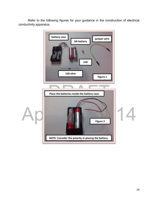 DRAFT
April 29, 2014
24
Refer to the following figures for your guidance in the construction of electrical
conductivity apparatus.
battery case
AA battery
jumper wire
LED
150 ohm
resistor
Place the batteries inside the battery case.
NOTE: Consider the polarity in placing the battery.
Figure 1
Figure 2
 
