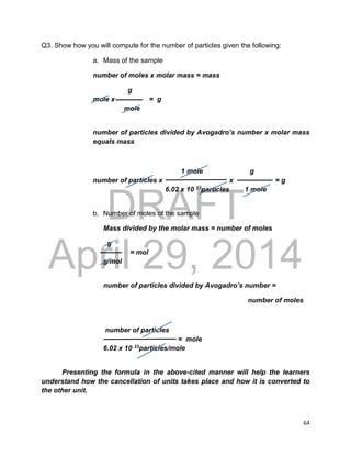 DRAFT
April 29, 2014
64
Q3. Show how you will compute for the number of particles given the following:
a. Mass of the sample
number of moles x molar mass = mass
g
mole x = g
mole
number of particles divided by Avogadro’s number x molar mass
equals mass
1 mole g
number of particles x x = g
6.02 x 10 23particles 1 mole
b. Number of moles of the sample
Mass divided by the molar mass = number of moles
g
= mol
g/mol
number of particles divided by Avogadro’s number =
number of moles
number of particles
= mole
6.02 x 10 23particles/mole
Presenting the formula in the above-cited manner will help the learners
understand how the cancellation of units takes place and how it is converted to
the other unit.
 