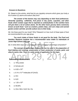 DRAFT
April 29, 2014
72
Answers to Questions
Q1. Based on this activity, what food do you regularly consume which gives your body a
lot of carbon (C) atoms and sodium (Na) ions?
The answer of the leaners may vary depending on their food preferences.
Generally speaking softdrinks, fruit juices in doy packs, cupcakes, and other
foods which contain sugar that is reported as carbohydrates in the nutrition facts
will give them a lot of carbon atoms. On the other hand, grocery items commonly
known as“junk food,” such as crackers, potato chips, and corn chips and canned
goods contain salt that provide sodium ions to their body.
Q2. Are these good for your body? Why? Research on how much of these types of food
are recommended for your age group.
Too much intake of those foods is not good for the body. The Food and
Nutrition Research Institute has a recommended value intake to individuals of
Junior High School (JHS) age.
Q3. In what other ways can you make use of the concept on percentage composition?
The concept on percentage composition can be used in the preparation of
food (baking and cooking), preservation of food, production of paste, paint, and
alloy to name a few. There is a wide variety of application for this topic.
Summative Assessment
1. a. 105 g cacao
2. d. formula unit
3. b. 6.02 x 1023
4. c. 6.14 x 10 22 molecules of C6H4Cl2
5. a. Ann
6. b. K2O
7. a. 1.20 x 1024
8. d. 50.05%
9. b. CH4< NH3< H2O< N2< Cl2
 