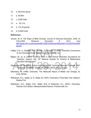 DRAFT
April 29, 2014
73
10. d. All of the above
11. a. 35.00%
12. c. 0.029 mole
13. a. 52.11%
14. d. 116.18 g/mole
15. b. 0.0225 mole
References:
Jensen, W. B. The Origin of Mole Concept. Journal of Chemical Education, 2004, 81
(10),p1409. Retrieved November 9, 2013, from
http://www.che.uc.edu/Jensen/W.%20B.%20Jensen/Reprints/114.%20The%20M
ole.pdf
LeMay, E.H. Jr., Robblee, K.M., Brower, H., Douglas C.(1996). Chemistry Connections
to Our Changing World. New Jersey: Prentice Hall, Inc.
Magno, M., et. al. (2001). Parctical Work in High School Chemistry Sourcebook for
Teachers. Quezon City: UP National Institute for Science & Mathematics
Education Development
Department of Education,.Culture and Sports.1992 Teaching Resource Package: S&T-
Chemistry. PASMEP, AIDAB,UP-ISMED, DECS. Pasig: Author.
Silberberg, M. (1996). Chemistry: The Molecular Nature of Matter and Change. St.
Louis: Mosby
Wilbraham, A.C., Staley, D. D., Matta, M. (1997). Chemistry ( 4thed) New York: Addison-
Wesley Pub.
Wilbraham, A.C., Staley, D.D., Matta, M.S. & Waterman, E.L. (2007). Chemistry,
Teacher’s Ed. Boston, Massachusetts:Pearson, Prentice Hall, Inc.
 
