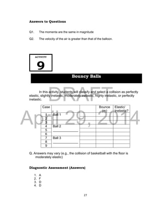 DRAFT
April 29, 2014
27
Answers to Questions
Q1. The momenta are the same in magnitude
Q2. The velocity of the air is greater than that of the balloon.
In this activity, students will classify and select a collision as perfectly
elastic, slightly inelastic, moderately inelastic, highly inelastic, or perfectly
inelastic.
Case Bounce
(m)
Elastic/
Inelastic?
1 Ball 1
______________2
3
4 Ball 2
______________5
6
7 Ball 3
______________8
9
Q. Answers may vary (e.g., the collision of basketball with the floor is
moderately elastic)
Diagnostic Assessment (Answers)
1. A
2. F
3. D
4. D
ACTIVITY
9
Bouncy Balls
 