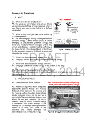 DRAFT
April 29, 2014
6
Figure 1. Energy in a Yoyo
Answers to Questions
A. YOYO
Pls. redraw
Q1. What does the toy or object do?
A1. The yoyo can unroll down and roll up. (Some
yoyos may also light up or make sounds when in
use. Some also use strings that tend to behave
elastically.)
Q2. What energy changes take place as this toy
or object operates?
A2. The elevated yoyo initially stores gravitational
potential energy. When flicked down, it unrolls
changing its gravitational potential energy into
linear and rotational kinetic energies until it fully
unrolls and stops or sleeps (rotating uniformly at
the looped end). When tugged back by the finger,
it rolls up again changing its kinetic energy back
into potential energy.
Q3. What form does the stored energy start out in?
A3. The yoyo started with stored gravitational potential energy.
Q4. What form does the stored energy turn into?
A4. The yoyo ended with kinetic energy at the bottom of the drop.
Q5. What form is the output energy in when it stops?
A5. When the yoyo stopped, all its potential and kinetic energies are converted into
thermal energy.
B. FRICTION TOY CAR
A1. The toy car can move forward. Pls. redraw with hand on top pulling
back, indicate motion (hand & toy)
A2. As the car is pushed down and pulled
backwards (action force), the forward
frictional force between the wheels and
the running surface (reaction force) stored
elastic potential energy in the car, as a
spring is tightly wound during this process.
When the car was released, the spring
extends, and the elastic potential energy
is converted into kinetic energy of the
moving car. All through these processes,
friction is at work, and some of the
potential and kinetic energies are
converted to heat and sound energy. Figure 2. Energy Forms in a Friction Toy Car
 