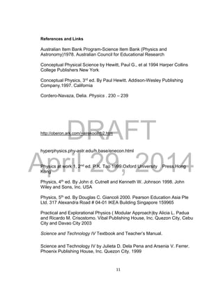 DRAFT
April 29, 2014
11
References and Links
Australian Item Bank Program-Science Item Bank (Physics and
Astronomy)1978. Australian Council for Educational Research
Conceptual Physical Science by Hewitt, Paul G., et al 1994 Harper Collins
College Publishers New York
Conceptual Physics, 3rd ed. By Paul Hewitt. Addison-Wesley Publishing
Company.1997. California
Cordero-Navaza, Delia. Physics . 230 – 239
http://oberon.ark.com/~airekool/rb2.htm
hyperphysics.phy-astr.edu/h.base/enecon.html
Physics at work 1, 2nd ed. P.K. Tao 1999.Oxford University Press.Hong
Kong
Physics, 4th ed. By John d. Cutnell and Kenneth W. Johnson 1998. John
Wiley and Sons, Inc. USA
Physics, 5th ed. By Douglas C. Giancoli 2000. Pearson Education Asia Pte
Ltd. 317 Alexandra Road # 04-01 IKEA Building Singapore 159965
Practical and Explorational Physics ( Modular Approach)by Alicia L. Padua
and Ricardo M. Crisostomo. Vibal Publishing House, Inc. Quezon City, Cebu
City and Davao City 2003
Science and Technology IV Textbook and Teacher’s Manual.
Science and Technology IV by Julieta D. Dela Pena and Arsenia V. Ferrer.
Phoenix Publishing House, Inc. Quezon City. 1999
 