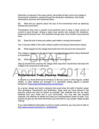 DRAFT
April 29, 2014
9
Electricity is produced in the power plants, transmitted at high current and voltage in
transmission substations, passed through the distribution substations, then finally
distributed to business and residential areas.
Q2. What did you observe about the size of the transmission lines as electricity
reaches the consumers?
Transmission lines have a greater cross-sectional area to allow a large amount of
current to pass through. Having a large cross section also reduces the resistance,
lessening transmission loss. The residential wirings have much smaller cross-sectional
area.
Q3. Does the size of wires and cables used matter in energy transmission?
Yes, it ensures safety in the entire network system and reduces transmission losses.
Q4. What happens to the voltage that travels from the source to the consumers?
The voltage is stepped-up for transmission and stepped-down before being distributed
to households.
Q5. What are step-up transformers? Step-down transformers?
Step-up transformers increase the voltage while step-down transformers decrease the
voltage to be consumed at safe levels.
Performance Task: Diorama Making
A diorama is a three-dimensional miniature or life-size scene in which figures, stuffed
wildlife, or other objects are arranged in a naturalistic setting against a painted
background (http://www.thefreedictionary.com/diorama).
As a group, design and build a diorama that would show the path of electric power
from generation, transmission and distribution. Apply what you have learned in the
previous activity and stay as factual as possible. Use materials that can be easily
obtained from your home and in your communtity. You may also use recycled
materials. Pay attention to details and make your representations drawn to scale. Your
teacher will give you the exact dimensions you will need for your project. Happy project
making!
If you need additional information on how to create a diorama, you may want to refer to
http://www.youtube.com/watch?v=_DJKyM3JIAI.
 