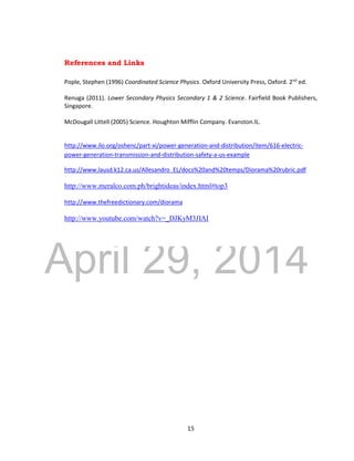 DRAFT
April 29, 2014
15
References and Links
Pople, Stephen (1996) Coordinated Science Physics. Oxford University Press, Oxford. 2nd
ed.
Renuga (2011). Lower Secondary Physics Secondary 1 & 2 Science. Fairfield Book Publishers,
Singapore.
McDougall Littell (2005) Science. Houghton Mifflin Company. Evanston.IL.
http://www.ilo.org/oshenc/part-xi/power-generation-and-distribution/item/616-electric-
power-generation-transmission-and-distribution-safety-a-us-example
http://www.lausd.k12.ca.us/Allesandro_EL/docs%20and%20temps/Diorama%20rubric.pdf
http://www.meralco.com.ph/brightideas/index.html#top3
http://www.thefreedictionary.com/diorama
http://www.youtube.com/watch?v=_DJKyM3JIAI
 