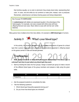 DRAFT
April 29, 2014
Teacher’s Guide
5
their territory equally, so no color is dominant; they simply share traits, representing their
color. In cows, red and white do not combine to make pink; instead, roan is produced.
Remember, codominance is all about sharing space and being independent.
Many genes have multiple (more than two) alleles. An example is ABO blood type in humans.
Activity 3 What’s your blood type?
In this activity, the students will determine all possible combinations of genes for a blood
type that a person might have and predict gene combinations expected in offspring based
on the genes carried in male and female gametes.
Teaching tips:
Note: Assign students to know their blood types beforehand. If the blood type is
unknown, ask them to just select any blood type they want.
 Start by dividing the class into four groups. Assign a student per group to make a record
of the different blood types of the group members and prepare a tally using the given
table.
A B AB O
Frequency
 Ask the assigned students to consolidate the data.
 Ask the following questions:
1. Which blood type frequently appeared among you?
2. Do you know how blood types are inherited?
Key Concepts TO EMPHASIZE:
In codominance both alleles are expressed equally in the phenotype of the
heterozygote. For example, red cows crossed with white cows will have
offspring that are roan cows. Roan refers to cows with red hair and white
blotches.
 
