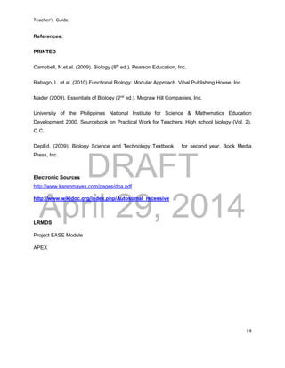 DRAFT
April 29, 2014
Teacher’s Guide
19
References:
PRINTED
Campbell, N.et.al. (2009). Biology (8th
ed.). Pearson Education, Inc.
Rabago, L. et.al. (2010).Functional Biology: Modular Approach. Vibal Publishing House, Inc.
Mader (2009). Essentials of Biology (2nd
ed.). Mcgraw Hill Companies, Inc.
University of the Philippines National Institute for Science & Mathematics Education
Development 2000. Sourcebook on Practical Work for Teachers: High school biology (Vol. 2).
Q.C.
DepEd. (2009). Biology Science and Technology Textbook for second year, Book Media
Press, Inc.
Electronic Sources
http://www.karenmayes.com/pages/dna.pdf
http://www.wikidoc.org/index.php/Autosomal_recessive
LRMDS
Project EASE Module
APEX
 