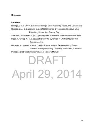 DRAFT
April 29, 2014
24
References
PRINTED
Rabago, L et.al (2010). Functional Biology, Vibal Publishing House, Inc. Quezon City
Rabago, L.M., C.C. Joaquin, et.al. (c1990).Science & Technology(Biology). Vibal
Publishing House, Inc. Quezon City
Strauss E. & Lisowski, M. (2000).Biology:The Web of Life. Pearson Education Asia
Biggs. A. Gregg, K., et.al. (2000).Biology: the Dynamics of Life.the McGraw Hill
Companies. Inc.
Dispezio, M. , Luebe, M, et.al. (1996). Science Insights:Exploring Living Things.
Addison Wesley Publishing Company, Menlo Park, California
Philippine Biodiversity Conservation: A Trainer’s Manual
 
