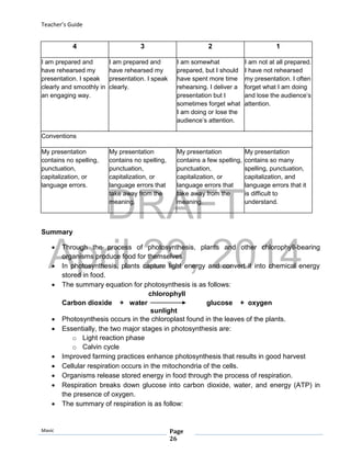 DRAFT
April 29, 2014
Teacher’s Guide
Mavic Page
26
4 3 2 1
I am prepared and
have rehearsed my
presentation. I speak
clearly and smoothly in
an engaging way.
I am prepared and
have rehearsed my
presentation. I speak
clearly.
I am somewhat
prepared, but I should
have spent more time
rehearsing. I deliver a
presentation but I
sometimes forget what
I am doing or lose the
audience’s attention.
I am not at all prepared.
I have not rehearsed
my presentation. I often
forget what I am doing
and lose the audience’s
attention.
Conventions
My presentation
contains no spelling,
punctuation,
capitalization, or
language errors.
My presentation
contains no spelling,
punctuation,
capitalization, or
language errors that
take away from the
meaning.
My presentation
contains a few spelling,
punctuation,
capitalization, or
language errors that
take away from the
meaning.
My presentation
contains so many
spelling, punctuation,
capitalization, and
language errors that it
is difficult to
understand.
Summary
 Through the process of photosynthesis, plants and other chlorophyll-bearing
organisms produce food for themselves
 In photosynthesis, plants capture light energy and convert it into chemical energy
stored in food.
 The summary equation for photosynthesis is as follows:
chlorophyll
Carbon dioxide + water glucose + oxygen
sunlight
 Photosynthesis occurs in the chloroplast found in the leaves of the plants.
 Essentially, the two major stages in photosynthesis are:
o Light reaction phase
o Calvin cycle
 Improved farming practices enhance photosynthesis that results in good harvest
 Cellular respiration occurs in the mitochondria of the cells.
 Organisms release stored energy in food through the process of respiration.
 Respiration breaks down glucose into carbon dioxide, water, and energy (ATP) in
the presence of oxygen.
 The summary of respiration is as follow:
 