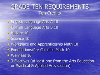 GRADE TEN REQUIREMENTS
Ten Credits
• English Language Arts A 10
• English Language Arts B 10
• History 10
• Science 10
• Workplace and Apprenticeship Math 10
• Foundations/Pre-Calculus Math 10
• Wellness 10
• 3 Electives (at least one from the Arts Education
or Practical & Applied Arts section)
 