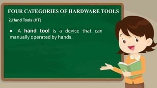 FOUR CATEGORIES OF HARDWARE TOOLS
2.Hand Tools (HT)
 A hand tool is a device that can
manually operated by hands.
 
