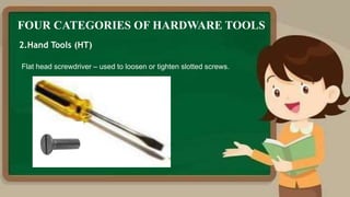 FOUR CATEGORIES OF HARDWARE TOOLS
2.Hand Tools (HT)
Flat head screwdriver – used to loosen or tighten slotted screws.
 