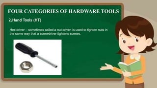 FOUR CATEGORIES OF HARDWARE TOOLS
2.Hand Tools (HT)
Hex driver – sometimes called a nut driver, is used to tighten nuts in
the same way that a screwdriver tightens screws.
 