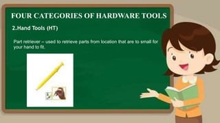 FOUR CATEGORIES OF HARDWARE TOOLS
2.Hand Tools (HT)
Part retriever – used to retrieve parts from location that are to small for
your hand to fit.
 