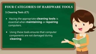 FOUR CATEGORIES OF HARDWARE TOOLS
3.Cleaning Tools (CT)
 Having the appropriate cleaning tools is
essential when maintaining or repairing
computers.
 Using these tools ensures that computer
components are not damaged during
cleaning.
 