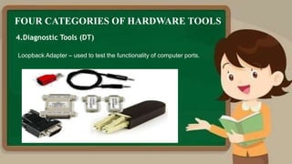 FOUR CATEGORIES OF HARDWARE TOOLS
4.Diagnostic Tools (DT)
Loopback Adapter – used to test the functionality of computer ports.
 