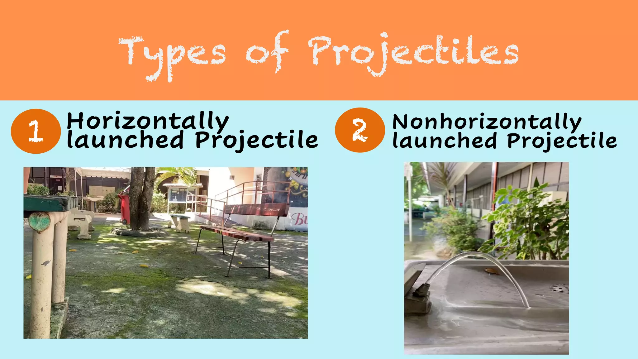 Types of Projectiles
Horizontally
launched Projectile
Nonhorizontally
launched Projectile
1 2
 