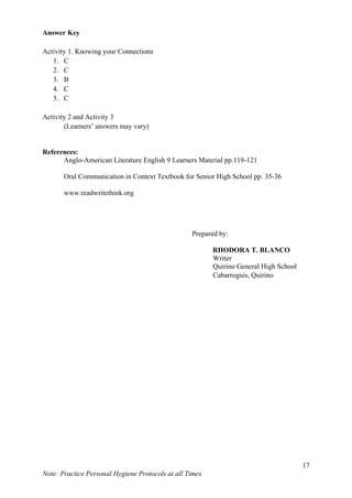 17
Note: Practice Personal Hygiene Protocols at all Times.
Answer Key
Activity 1. Knowing your Connections
1. C
2. C
3. B
4. C
5. C
Activity 2 and Activity 3
(Learners’ answers may vary)
References:
Anglo-American Literature English 9 Learners Material pp.119-121
Oral Communication in Context Textbook for Senior High School pp. 35-36
www.readwritethink.org
Prepared by:
RHODORA T. BLANCO
Writer
Quirino General High School
Cabarroguis, Quirino
 