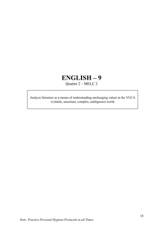18
Note: Practice Personal Hygiene Protocols at all Times.
ENGLISH – 9
Quarter 2 – MELC 2
Analyze literature as a means of understanding unchanging values in the VUCA
(volatile, uncertain, complex, ambiguous) world
 