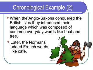 Chronological Example (2)
When the Anglo-Saxons conquered the
British Isles they introduced their
language which was composed of
common everyday words like boat and
tree.
Later, the Normans
added French words
like café.
 
