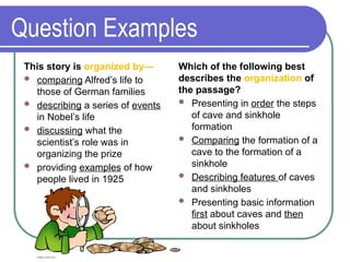 Question Examples
This story is organized by—
 comparing Alfred’s life to
those of German families
 describing a series of events
in Nobel’s life
 discussing what the
scientist’s role was in
organizing the prize
 providing examples of how
people lived in 1925
Which of the following best
describes the organization of
the passage?
 Presenting in order the steps
of cave and sinkhole
formation
 Comparing the formation of a
cave to the formation of a
sinkhole
 Describing features of caves
and sinkholes
 Presenting basic information
first about caves and then
about sinkholes
 