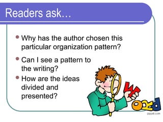 Readers ask…
Can I see a pattern to
the writing?
How are the ideas
divided and
presented?
Why has the author chosen this
particular organization pattern?
 