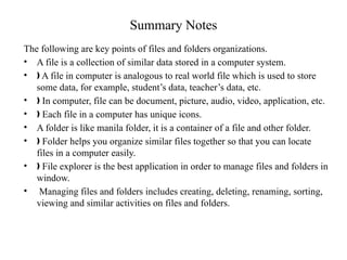 Files And Folders In Computer Notes.pdf Grade 9th IT Hand out Unit one for Students | PPTX