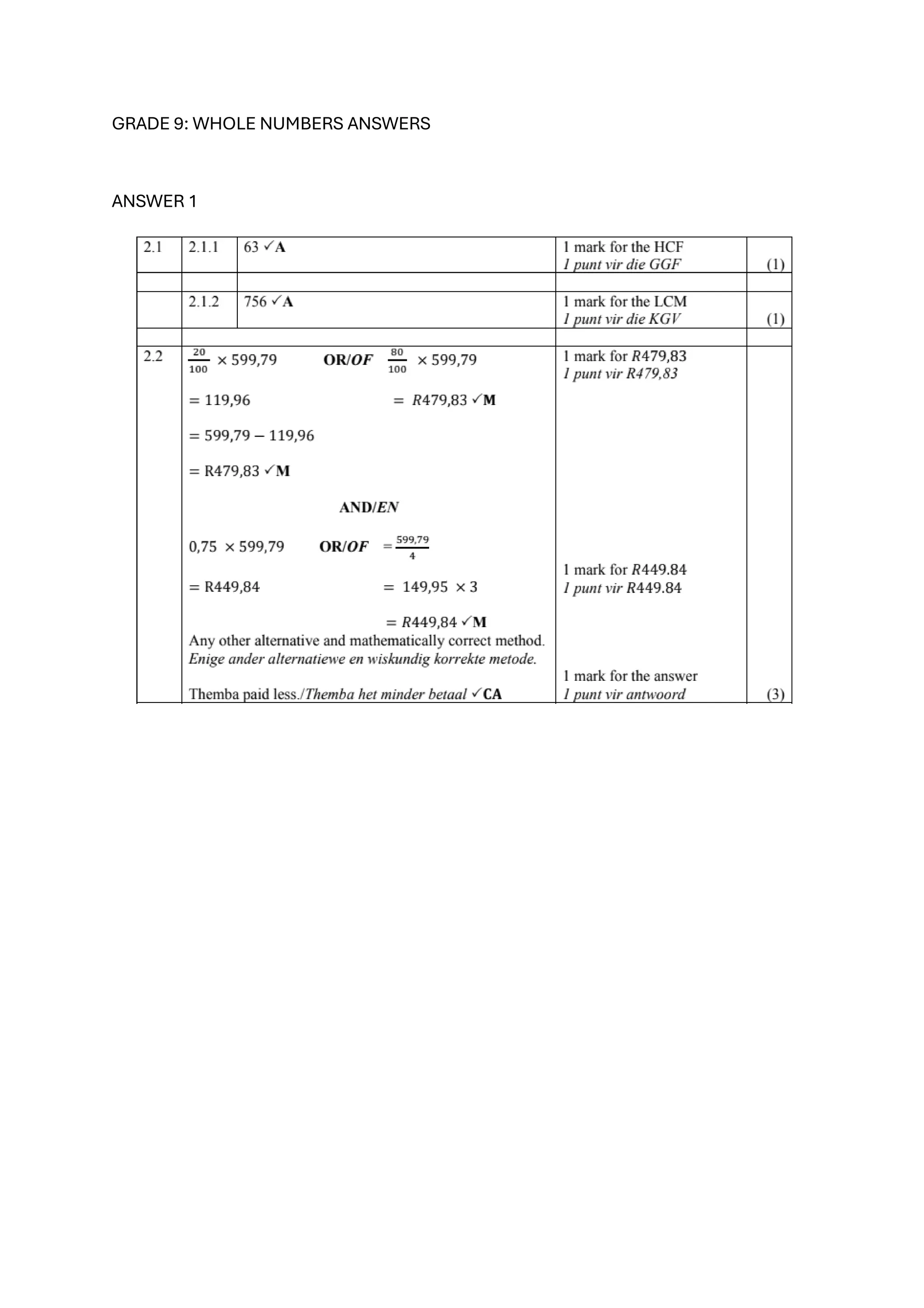 GRADE 9: WHOLE NUMBERS ANSWERS
ANSWER 1