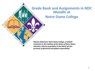 Grade Book and Assignments in NDC Moodle at Notre Dame College Mission Statement: Notre Dame College, a Catholic institution in the tradition of the Sisters of Notre Dame, educates a diverse population in the liberal arts for personal, professional and global responsibility. 1 