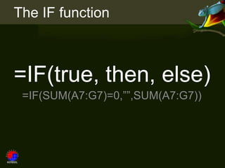 The IF function



=IF(true, then, else)
 =IF(SUM(A7:G7)=0,””,SUM(A7:G7))
 