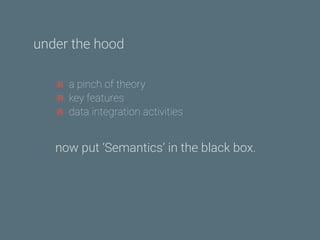 a pinch of theory
key features
data integration activities
now put ‘Semantics’ in the black box.
under the hood
 