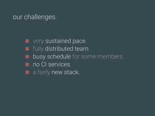 our challenges.
very sustained pace.
fully distributed team.
busy schedule for some members.
no CI services.
a fairly new stack.
 
